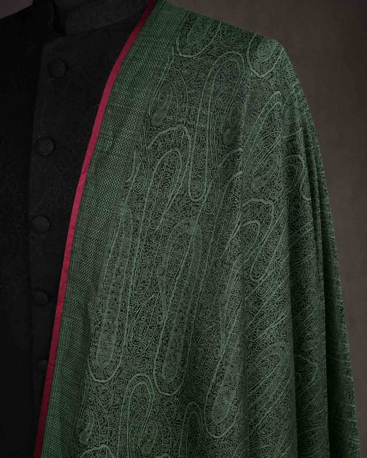 Green Paisley Satin Tanchoi Handwoven Silk Wool Banarasi Shawl with Navy Contrast Back-HolyWeaves