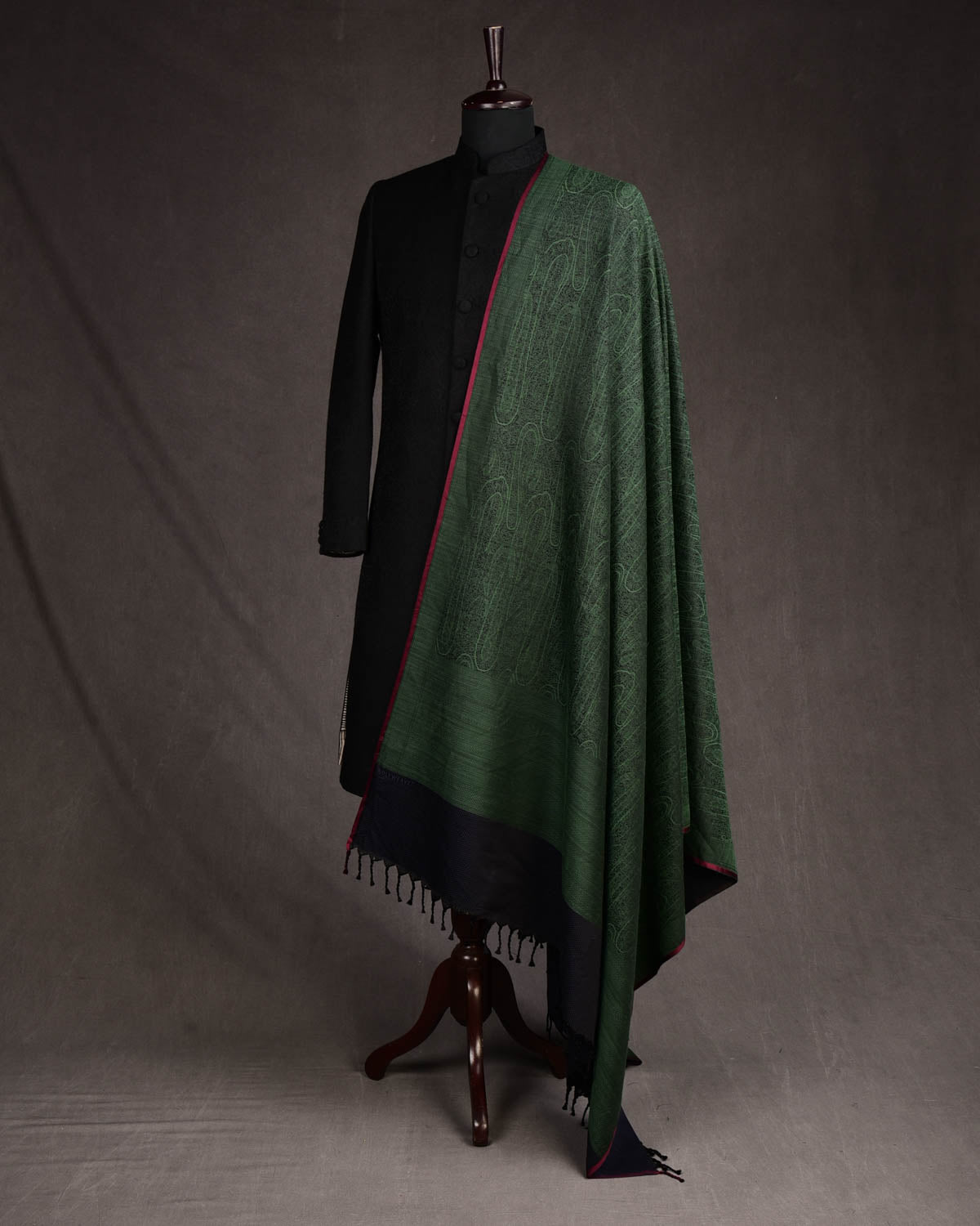 Green Paisley Satin Tanchoi Handwoven Silk Wool Banarasi Shawl with Navy Contrast Back-HolyWeaves