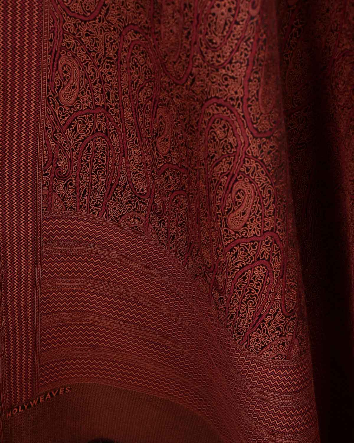 Rusty Maroon Paisley Satin Tanchoi Handwoven Silk Wool Banarasi Shawl-HolyWeaves