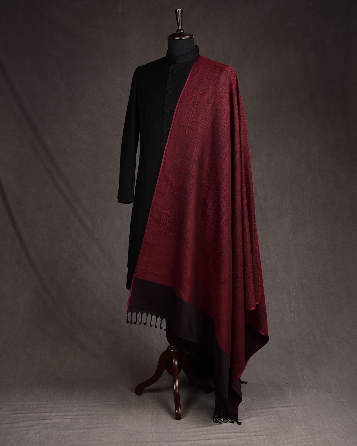 Maroon Paisley Satin Tanchoi Handwoven Silk Wool Banarasi Shawl-HolyWeaves