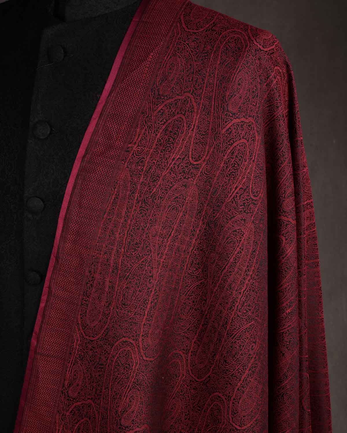 Maroon Paisley Satin Tanchoi Handwoven Silk Wool Banarasi Shawl-HolyWeaves