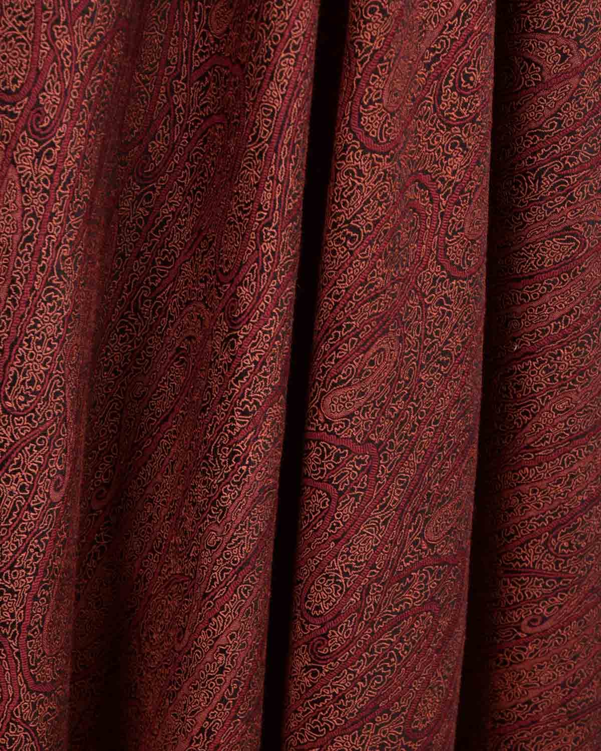 Rusty Maroon Paisley Satin Tanchoi Handwoven Silk Wool Banarasi Shawl-HolyWeaves