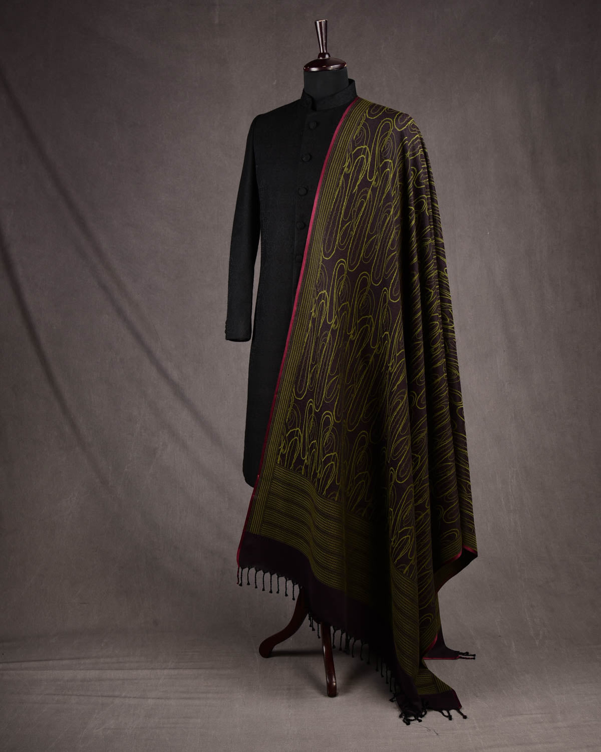 Olive Brown Paisley Satin Tanchoi Handwoven Silk Wool Banarasi Shawl-HolyWeaves