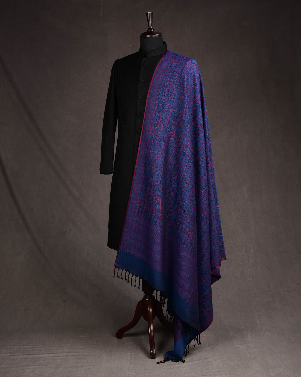 Pink Blue Paisley Satin Tanchoi Handwoven Silk Wool Banarasi Shawl-HolyWeaves