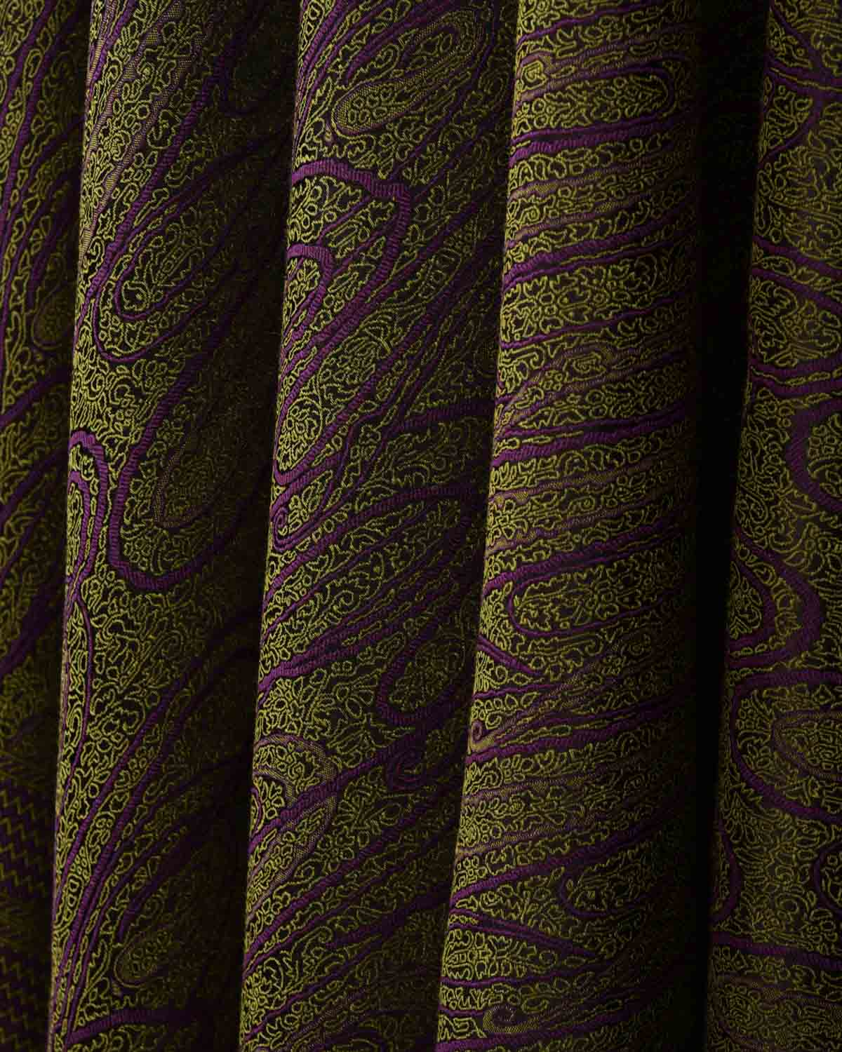 Purple Green Paisley Satin Tanchoi Handwoven Silk Wool Banarasi Shawl-HolyWeaves