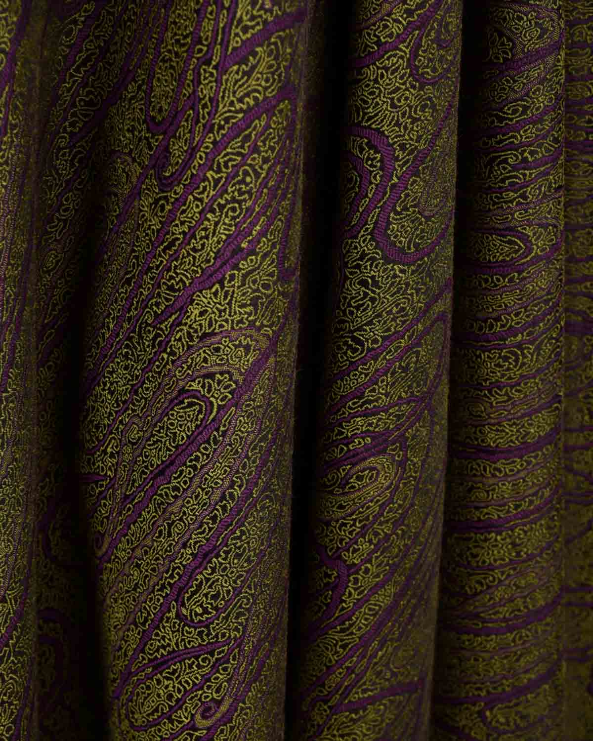 Purple Green Paisley Satin Tanchoi Handwoven Silk Wool Banarasi Shawl-HolyWeaves