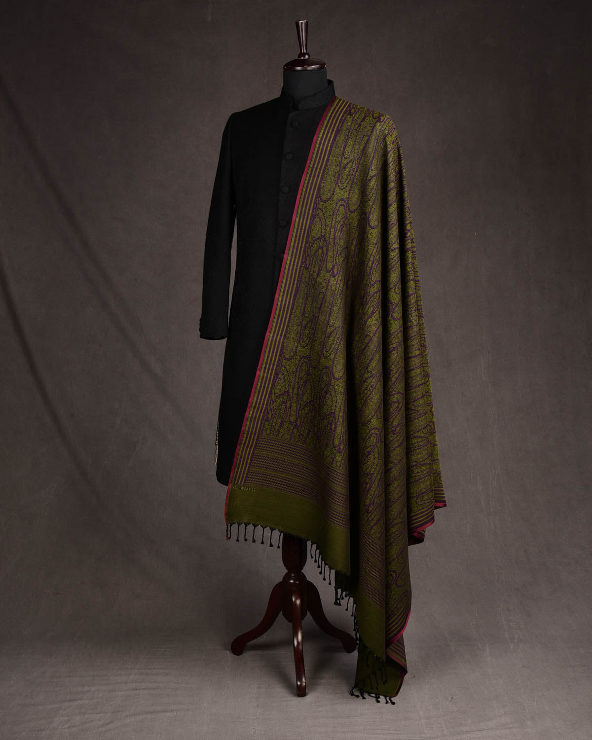 Purple Green Paisley Satin Tanchoi Handwoven Silk Wool Banarasi Shawl-HolyWeaves