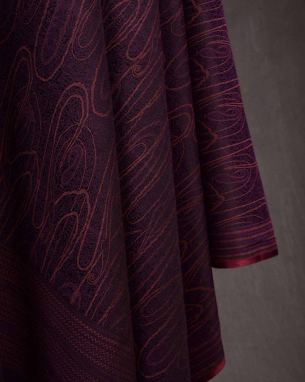 Rust Purple Paisley Satin Tanchoi Handwoven Silk Wool Banarasi Shawl-HolyWeaves