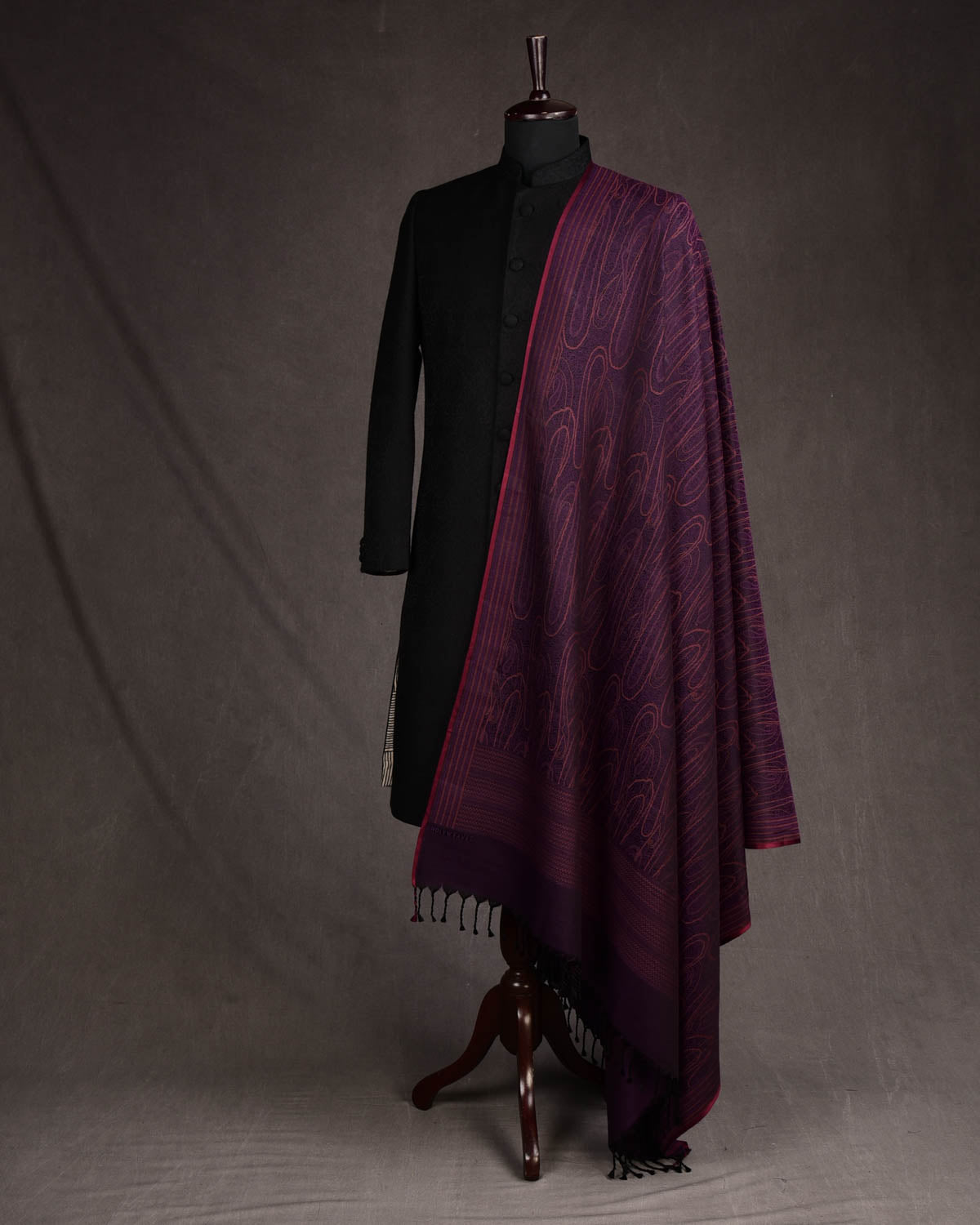 Rust Purple Paisley Satin Tanchoi Handwoven Silk Wool Banarasi Shawl-HolyWeaves