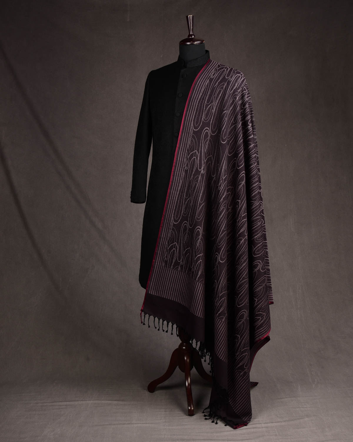 Mahogany Paisley Satin Tanchoi Handwoven Silk Wool Unisex Dress Shawl-HolyWeaves