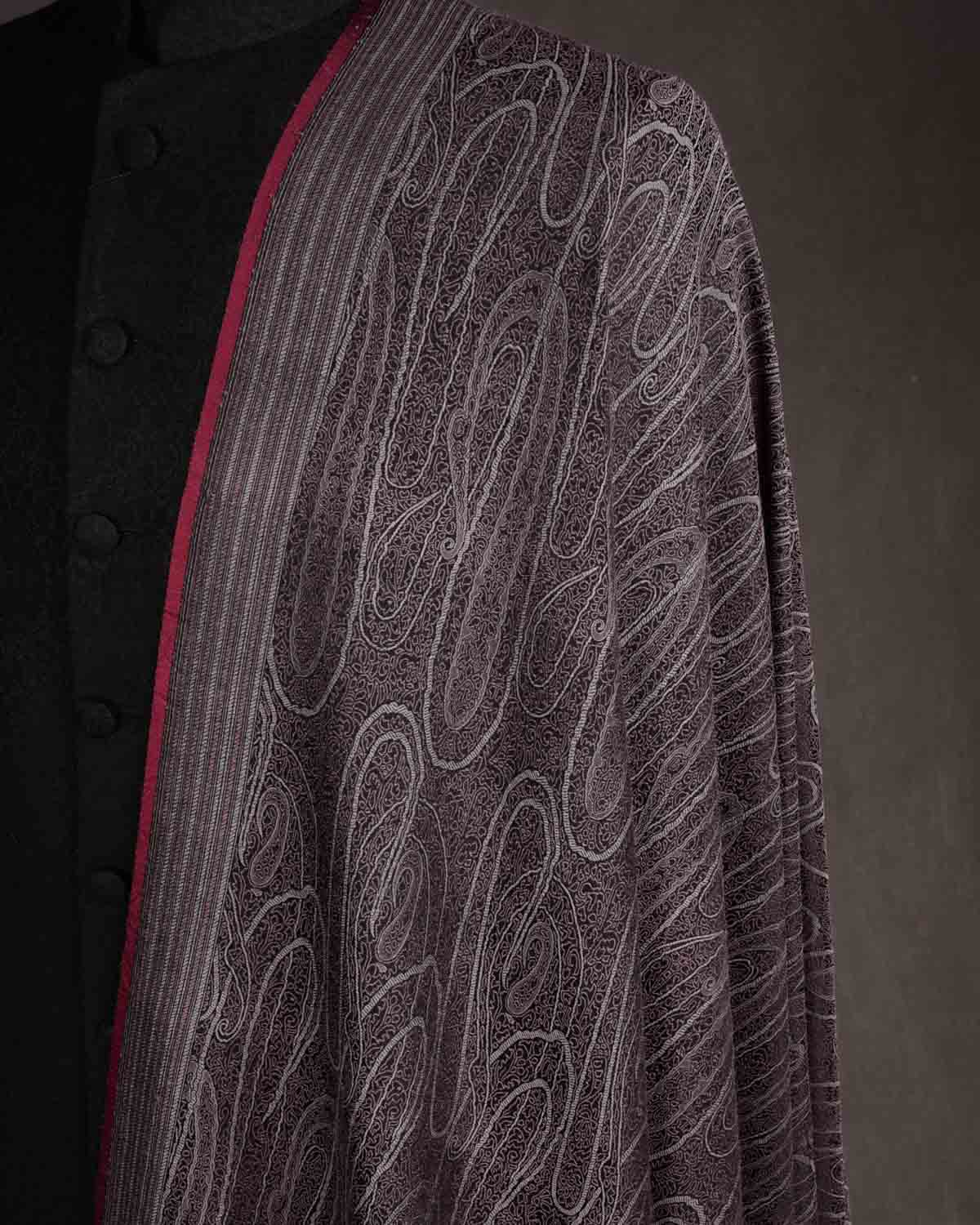 Maroon On Gray Paisley Satin Tanchoi Handwoven Silk Wool Unisex Dress Shawl-HolyWeaves