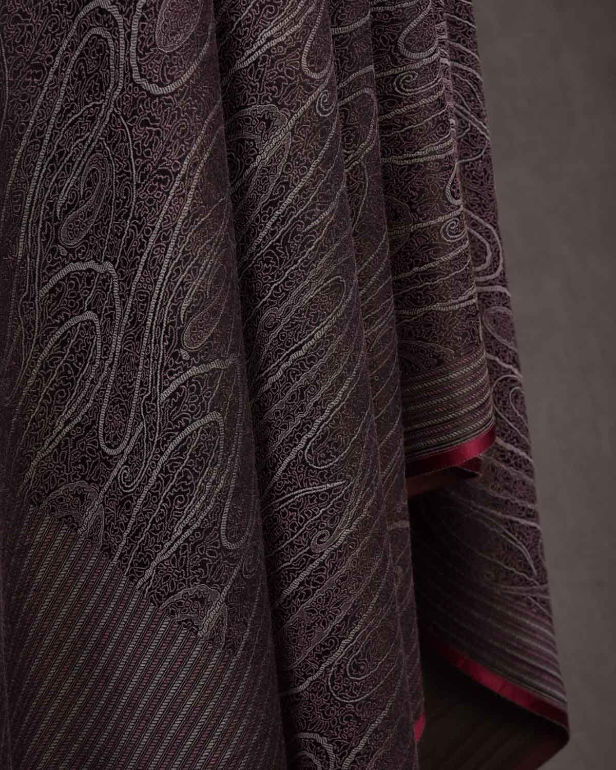 Maroon On Gray Paisley Satin Tanchoi Handwoven Silk Wool Unisex Dress Shawl