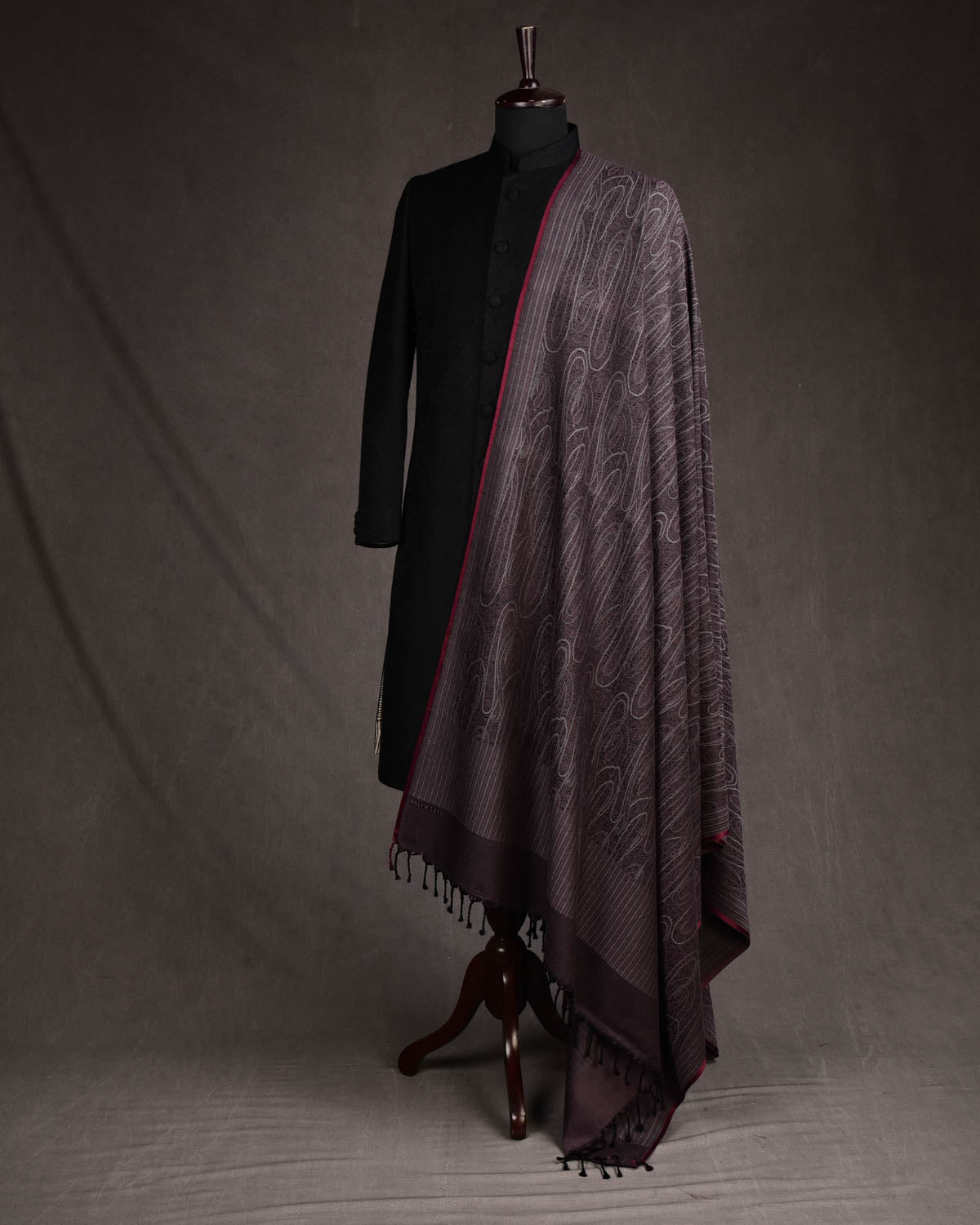 Maroon On Gray Paisley Satin Tanchoi Handwoven Silk Wool Unisex Dress Shawl