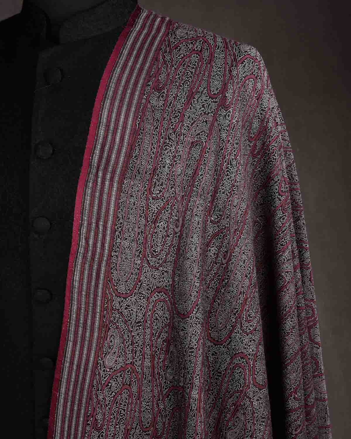 Muted Garnet Paisley Satin Tanchoi Handwoven Silk Wool Unisex Dress Shawl-HolyWeaves