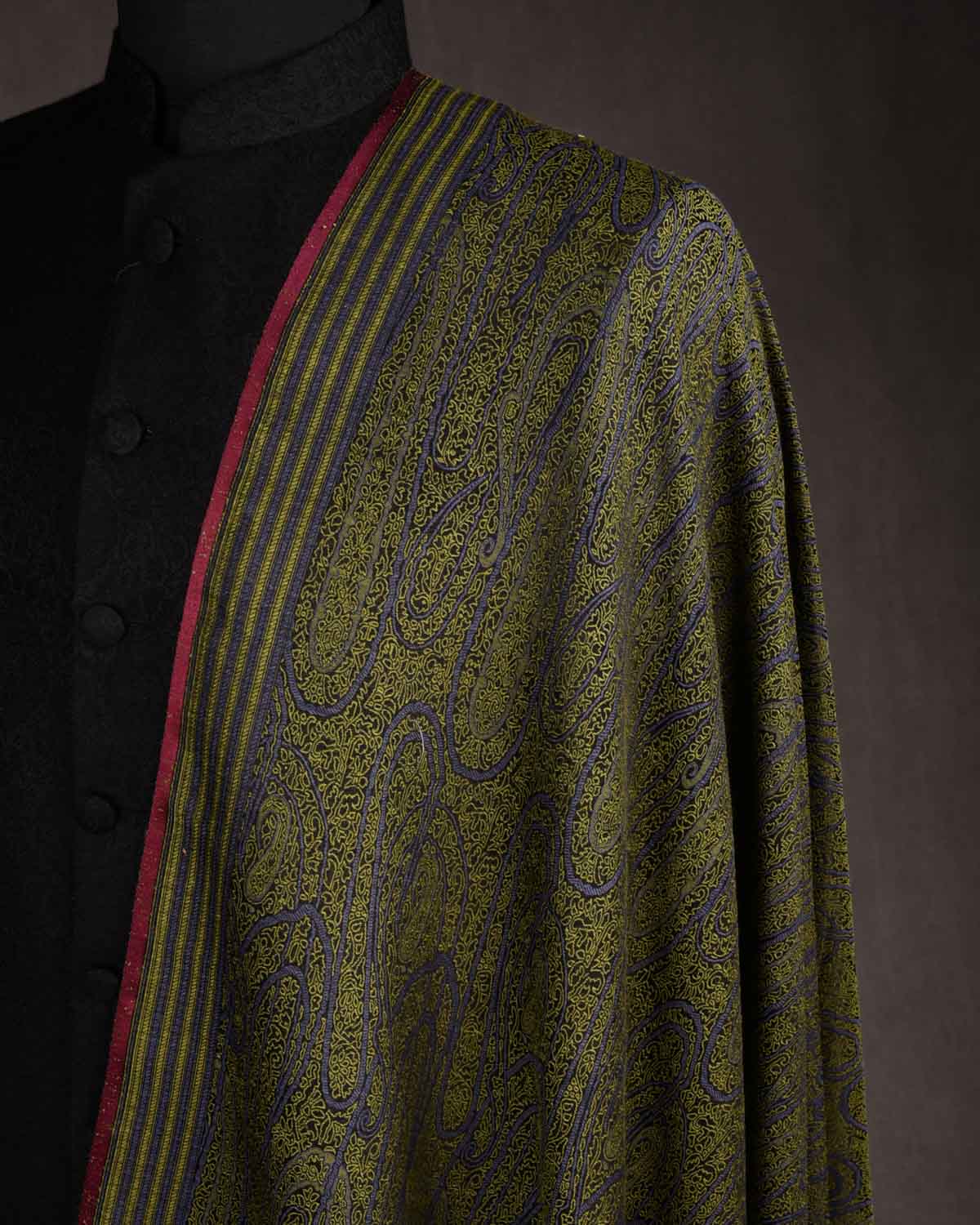 Olive Green Paisley Satin Tanchoi Handwoven Silk Wool Unisex Dress Shawl-HolyWeaves