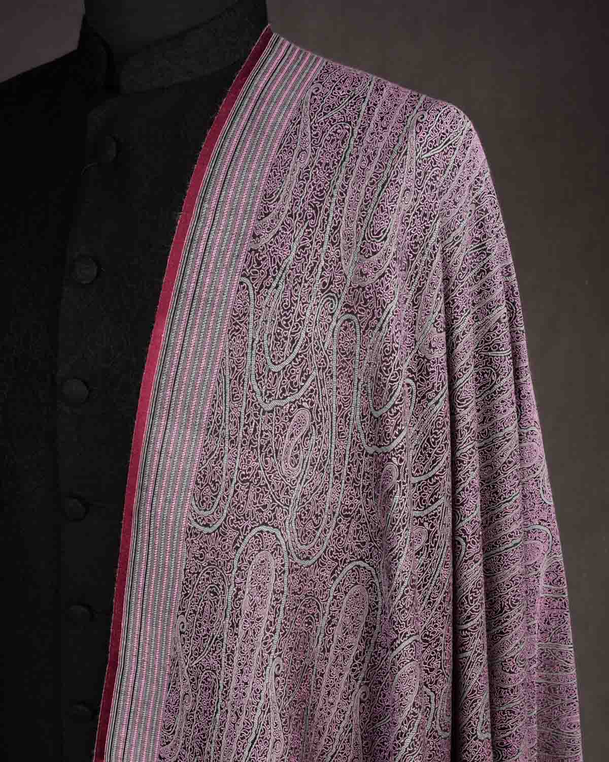 Mauve Paisley Satin Tanchoi Handwoven Silk Wool Unisex Dress Shawl-HolyWeaves