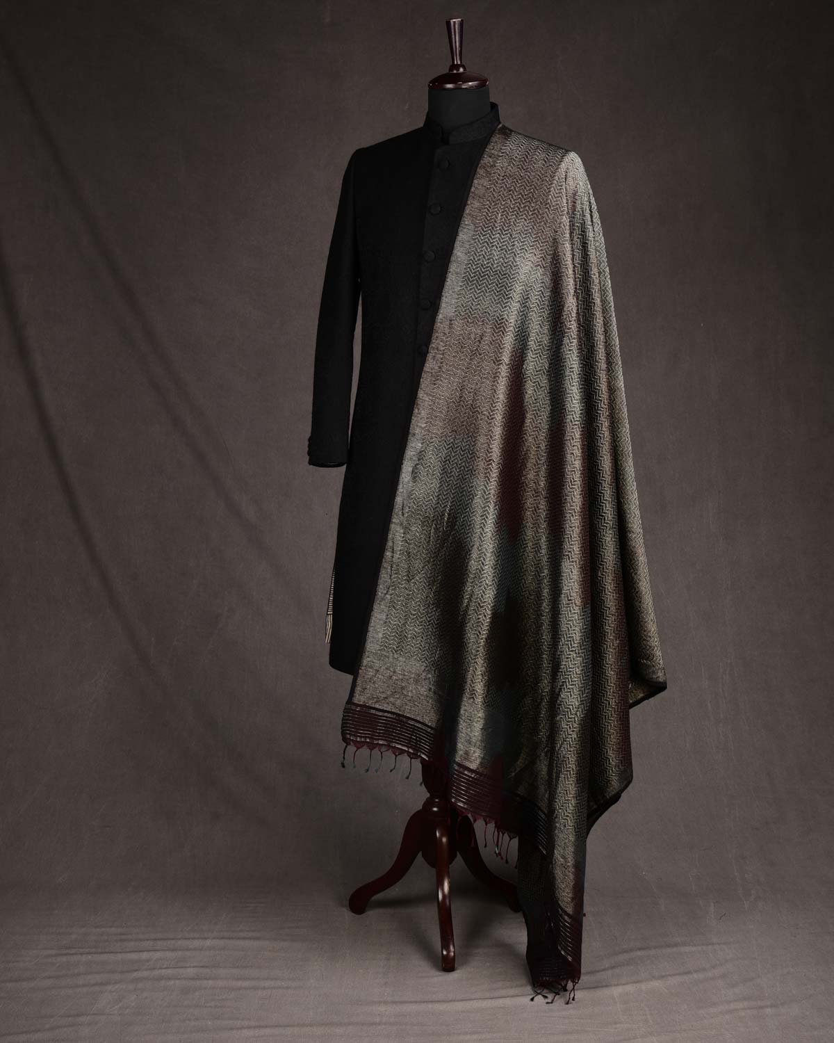 Ombre Mahogany Gold & Silver Zari Brocade Handwoven Silk Wool Unisex Dress Shawl-HolyWeaves