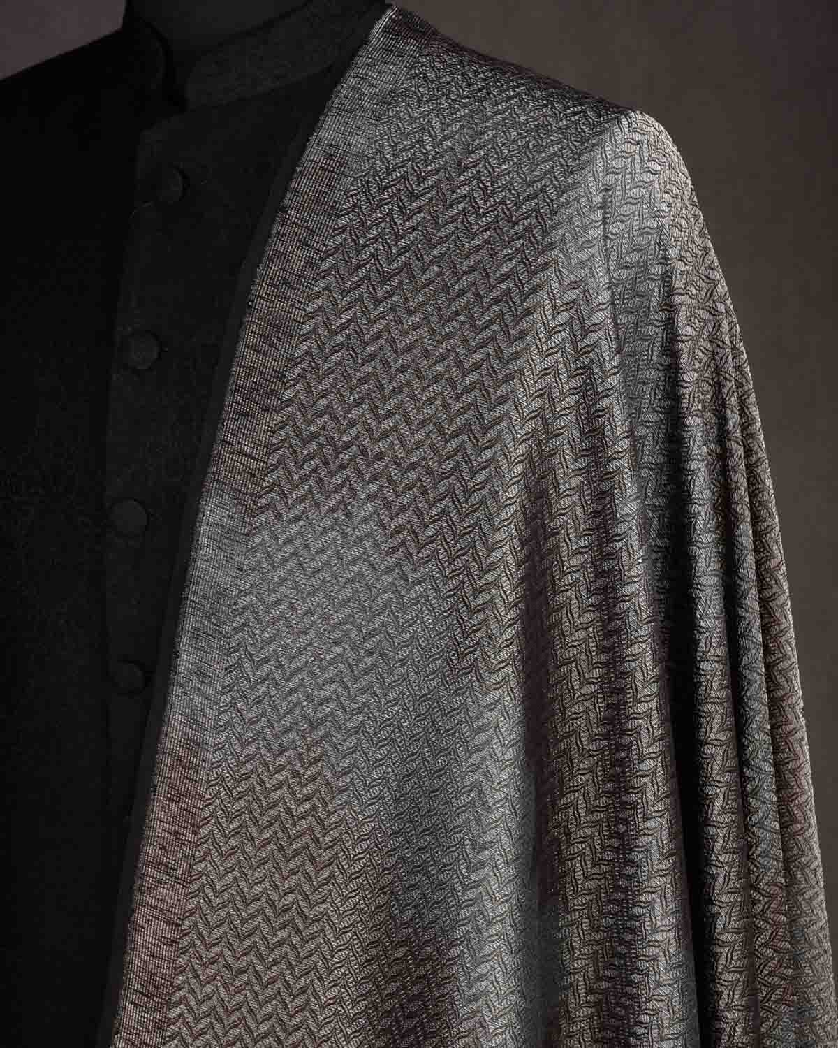 Ombre Black Gold & Silver Zari Brocade Handwoven Silk Wool Unisex Dress Shawl-HolyWeaves