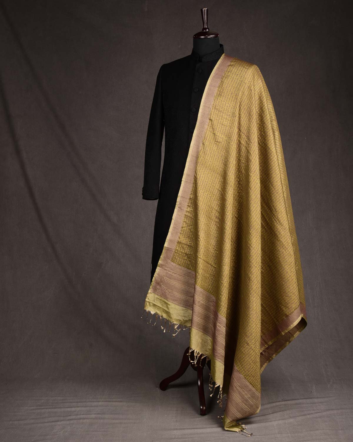 Metallic Olive Green Geeta Shlok 2.47 Brocade Handwoven Wool Tissue Unisex Dress Shawl-HolyWeaves