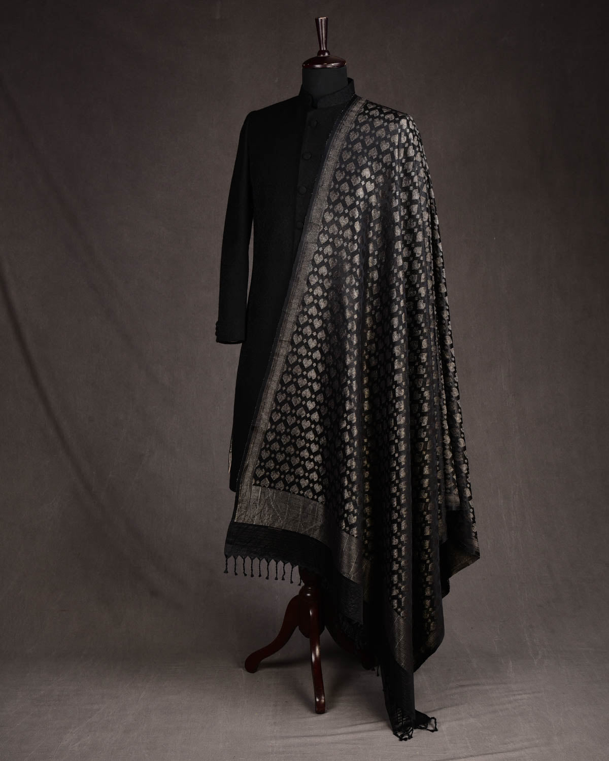 Metallic Black Gold & Silver Zari Diamond Hearts Satin Brocade Handwoven Silk Wool Unisex Dress Shawl-HolyWeaves