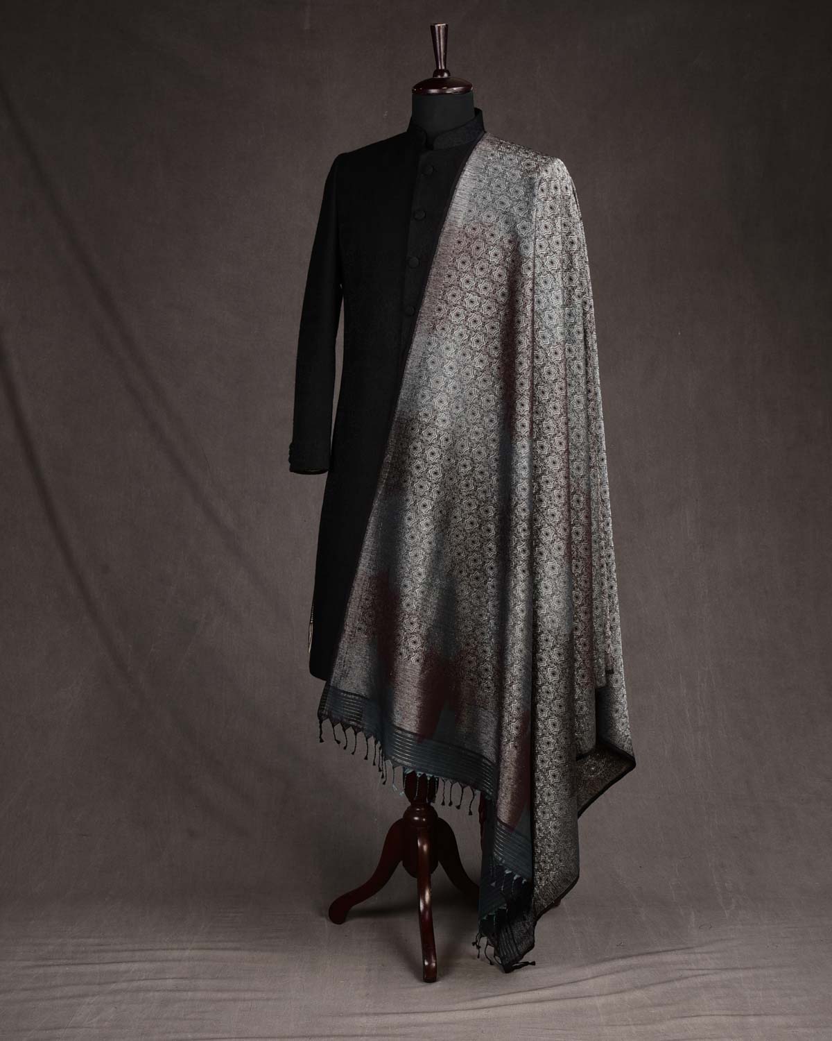 Ombre Maroon Gray Black Silver Zari Kaleidoscopic Stars Brocade Handwoven Silk Wool Unisex Dress Shawl-HolyWeaves