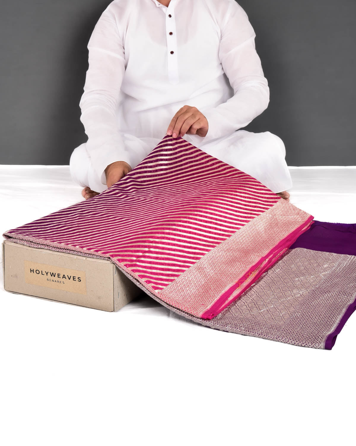 Ombré Pink Purple Banarasi Diagonal Stripes Cutwork Brocade Handwoven Khaddi Georgette Saree - By HolyWeaves, Benares