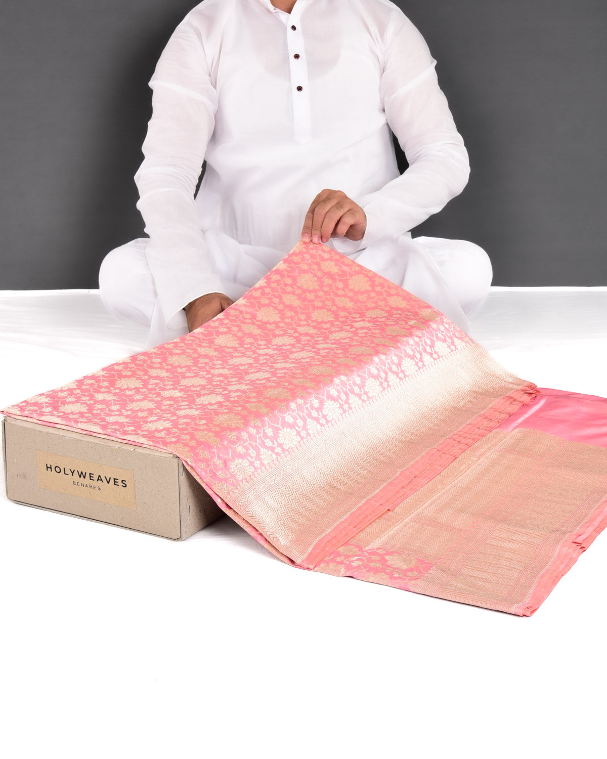 Pink Banarasi Maheen Jaal Gold Zari Cutwork Brocade Handwoven Katan Silk Saree - By HolyWeaves, Benares