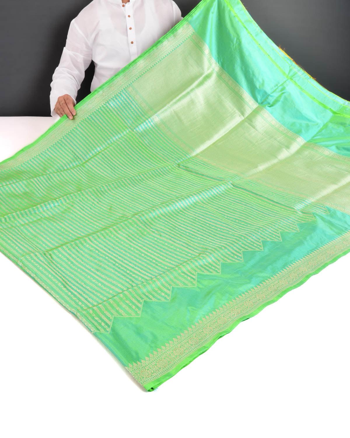 Green Banarasi Soft Gold Zari Ornament Stripes Cutwork Brocade Handwoven Katan Silk Saree - By HolyWeaves, Benares