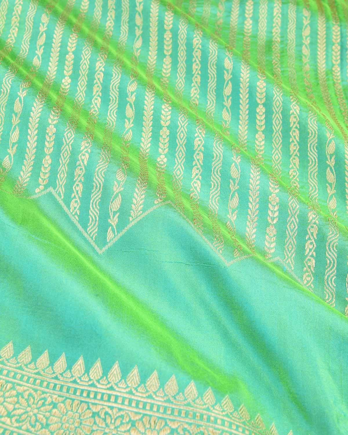 Green Banarasi Soft Gold Zari Ornament Stripes Cutwork Brocade Handwoven Katan Silk Saree - By HolyWeaves, Benares