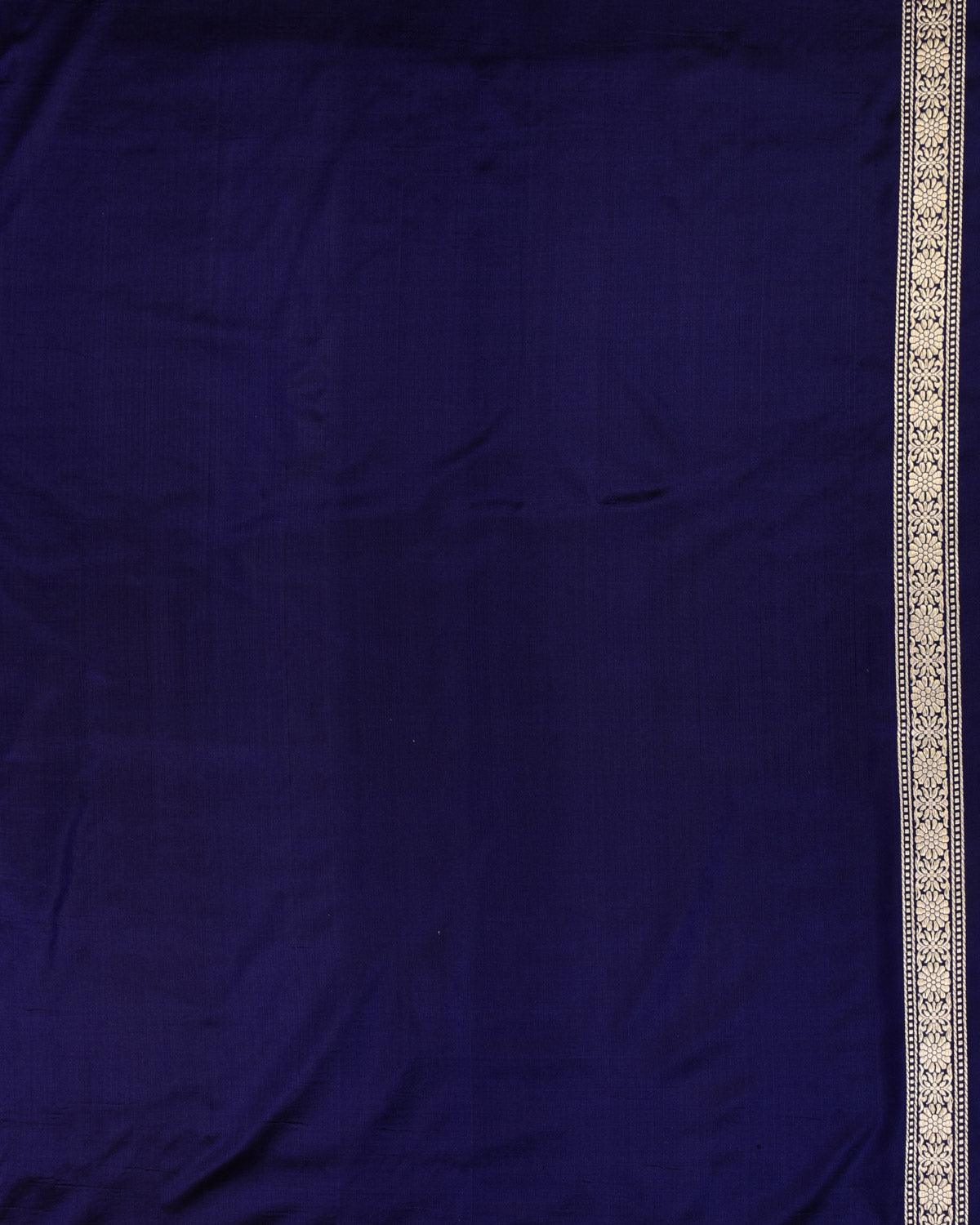 Navy Blue Banarasi Soft Gold Zari Ornament Stripes Cutwork Brocade Handwoven Katan Silk Saree - By HolyWeaves, Benares