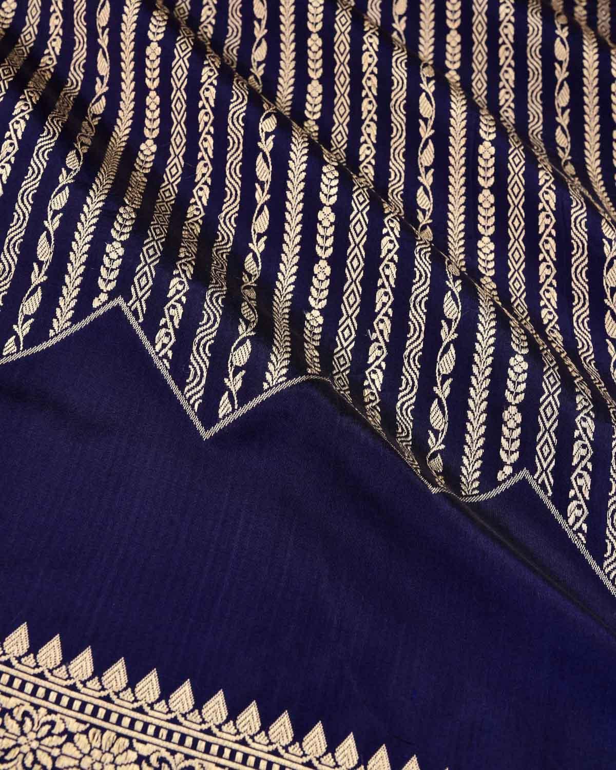 Navy Blue Banarasi Soft Gold Zari Ornament Stripes Cutwork Brocade Handwoven Katan Silk Saree - By HolyWeaves, Benares