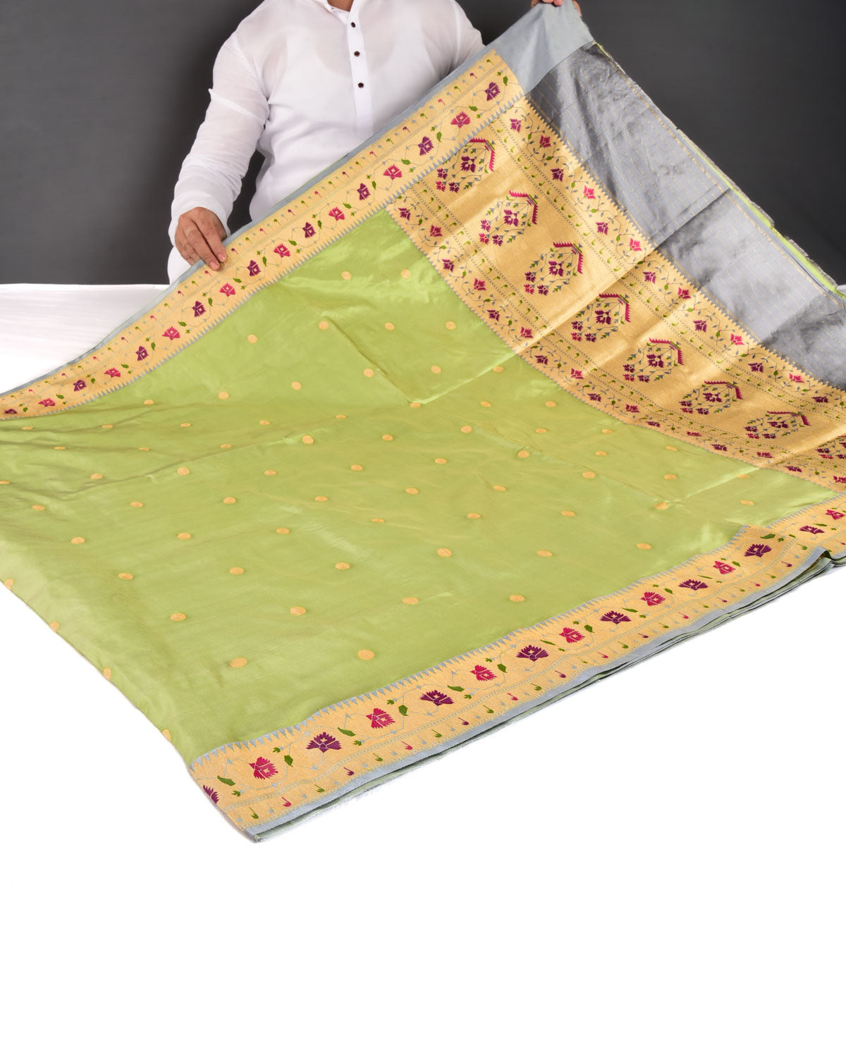 Bud Green Banarasi Asharfi Buti With Paithani Border Kadhuan Brocade Handwoven Katan Silk Saree - By HolyWeaves, Benares