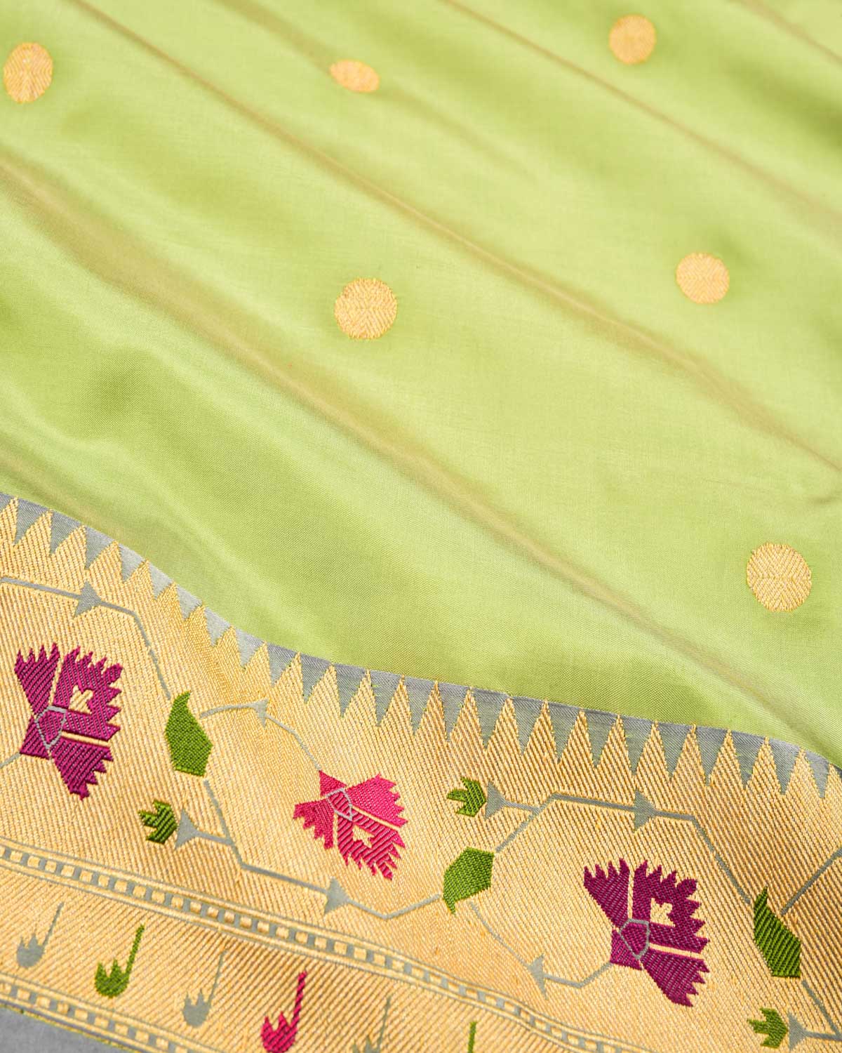 Bud Green Banarasi Asharfi Buti With Paithani Border Kadhuan Brocade Handwoven Katan Silk Saree - By HolyWeaves, Benares