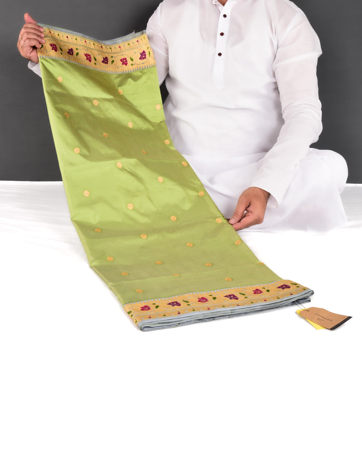 Bud Green Banarasi Asharfi Buti With Paithani Border Kadhuan Brocade Handwoven Katan Silk Saree - By HolyWeaves, Benares