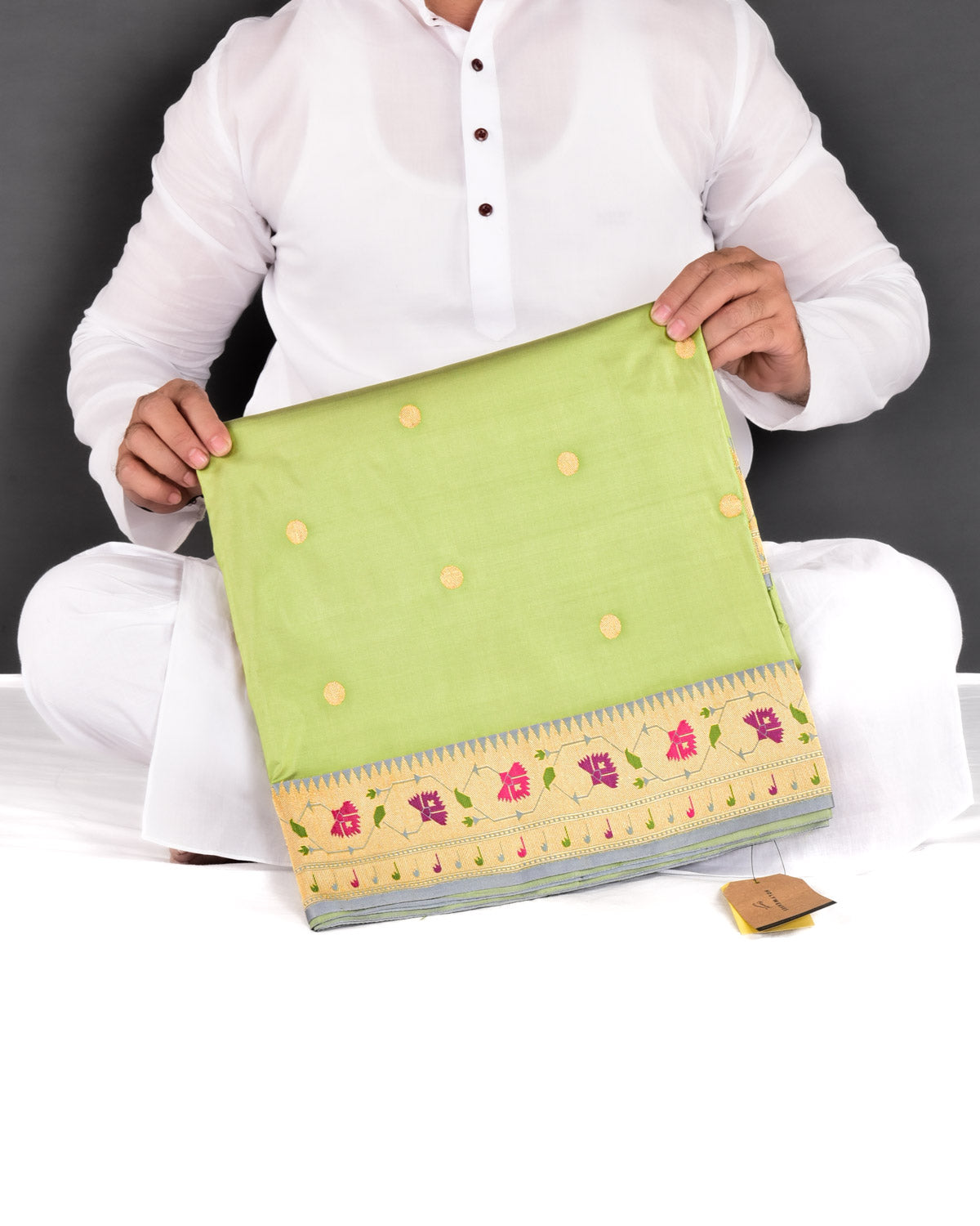 Bud Green Banarasi Asharfi Buti With Paithani Border Kadhuan Brocade Handwoven Katan Silk Saree - By HolyWeaves, Benares