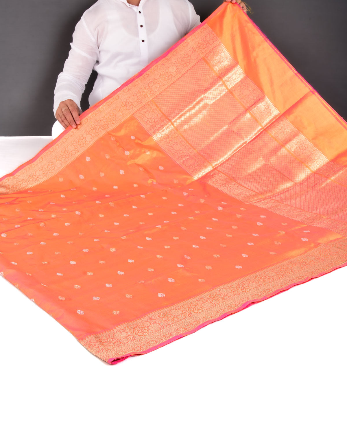 Shot Pink-Orange Banarasi Silver & Gold Zari Buti Kadhuan Brocade Handwoven Katan Silk Saree - By HolyWeaves, Benares