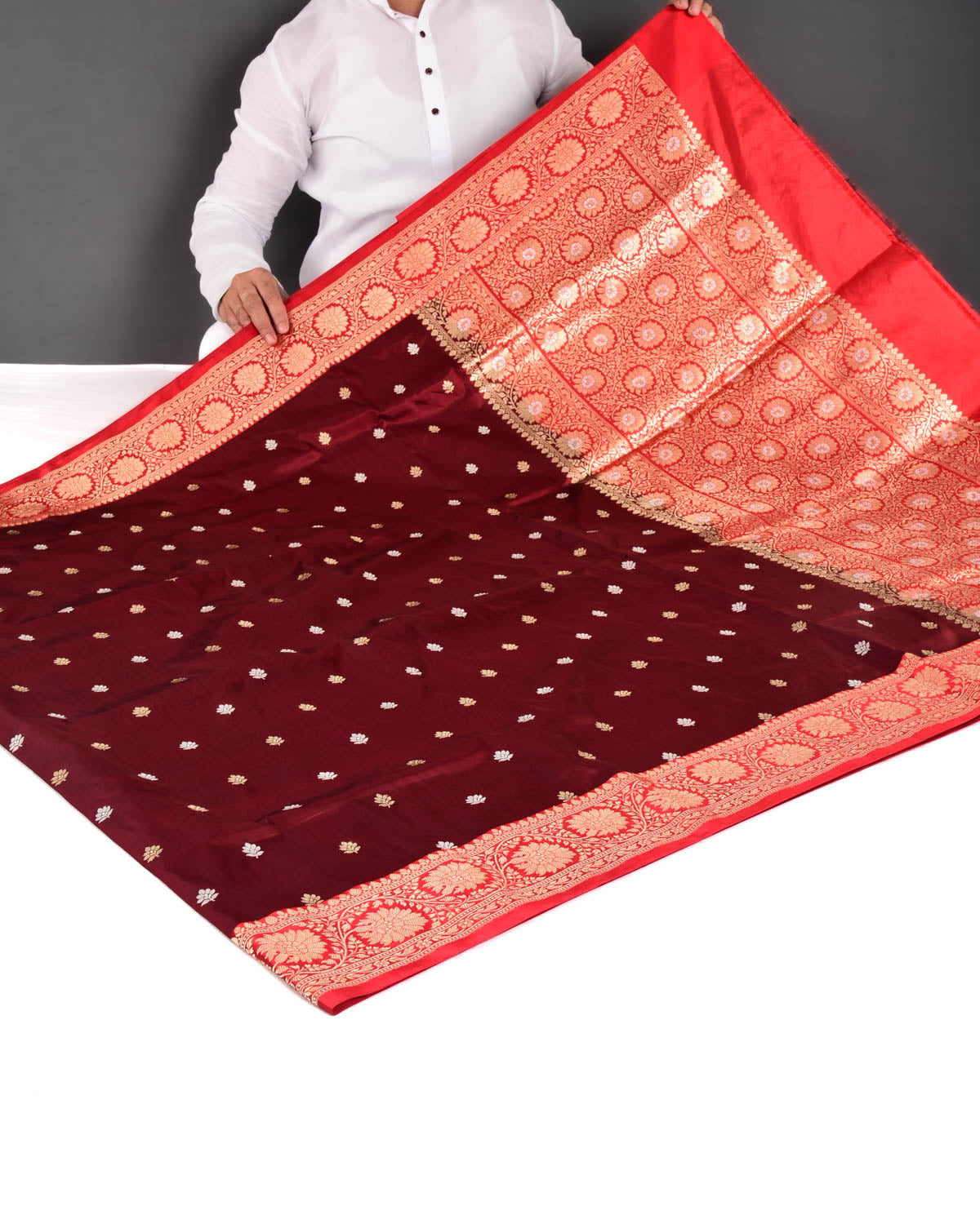 Midnight Maroon Banarasi Gold & Silver Zari Buti Kadhuan Brocade Handwoven Katan Silk Saree with Contrast Border Pallu - By HolyWeaves, Benares