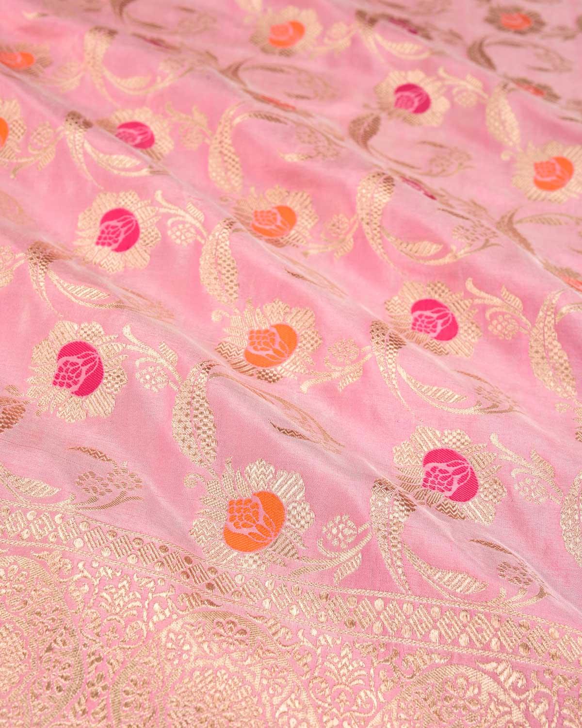 Pink Banarasi Alfi Gold Zari and Resham Floral Jaal Cutwork Brocade Handwoven Katan Silk Saree - By HolyWeaves, Benares