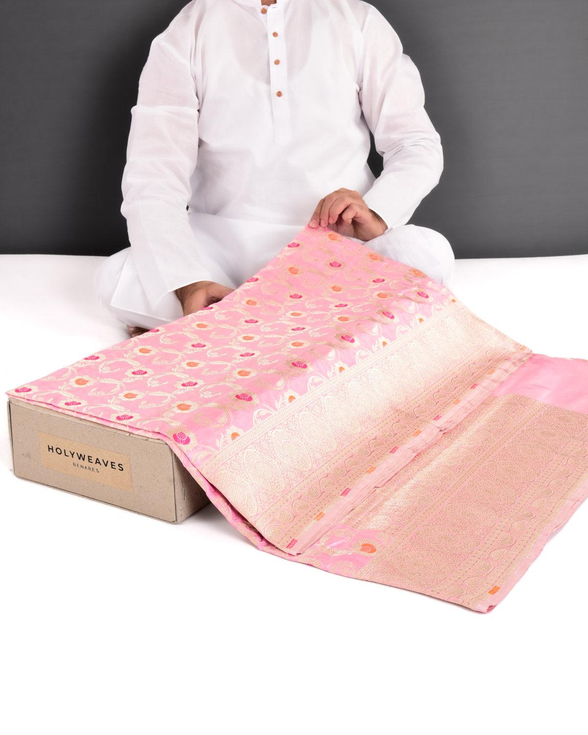 Pink Banarasi Alfi Gold Zari and Resham Floral Jaal Cutwork Brocade Handwoven Katan Silk Saree - By HolyWeaves, Benares