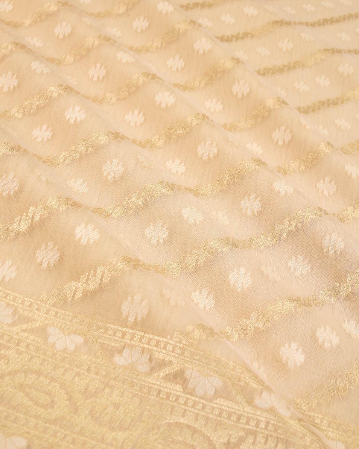 Beige Banarasi Gold Zari & White Resham Alfi Diagonal Cutwork Brocade Handwoven Cotton Silk Saree - By HolyWeaves, Benares