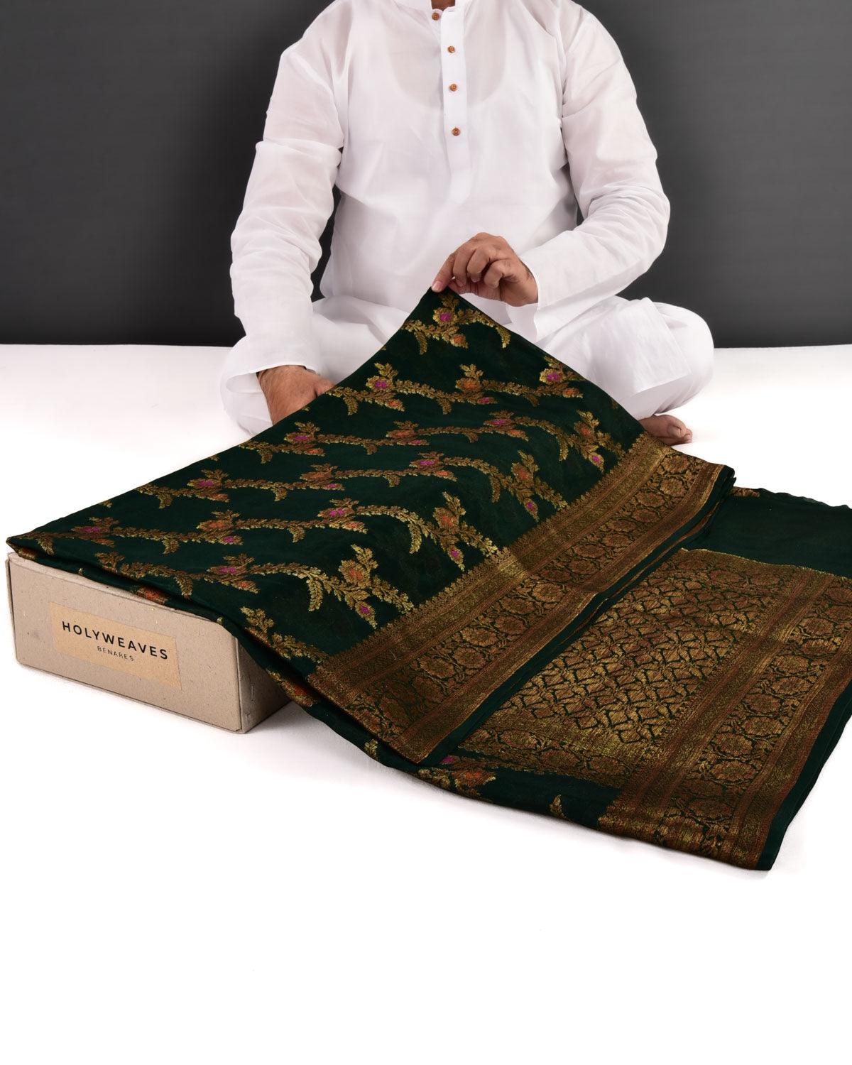 Midnight Green Banarasi Lightweight Antique Zari Meenedaar Jaal Cutwork Brocade Woven Khaddi Georgette Saree - By HolyWeaves, Benares