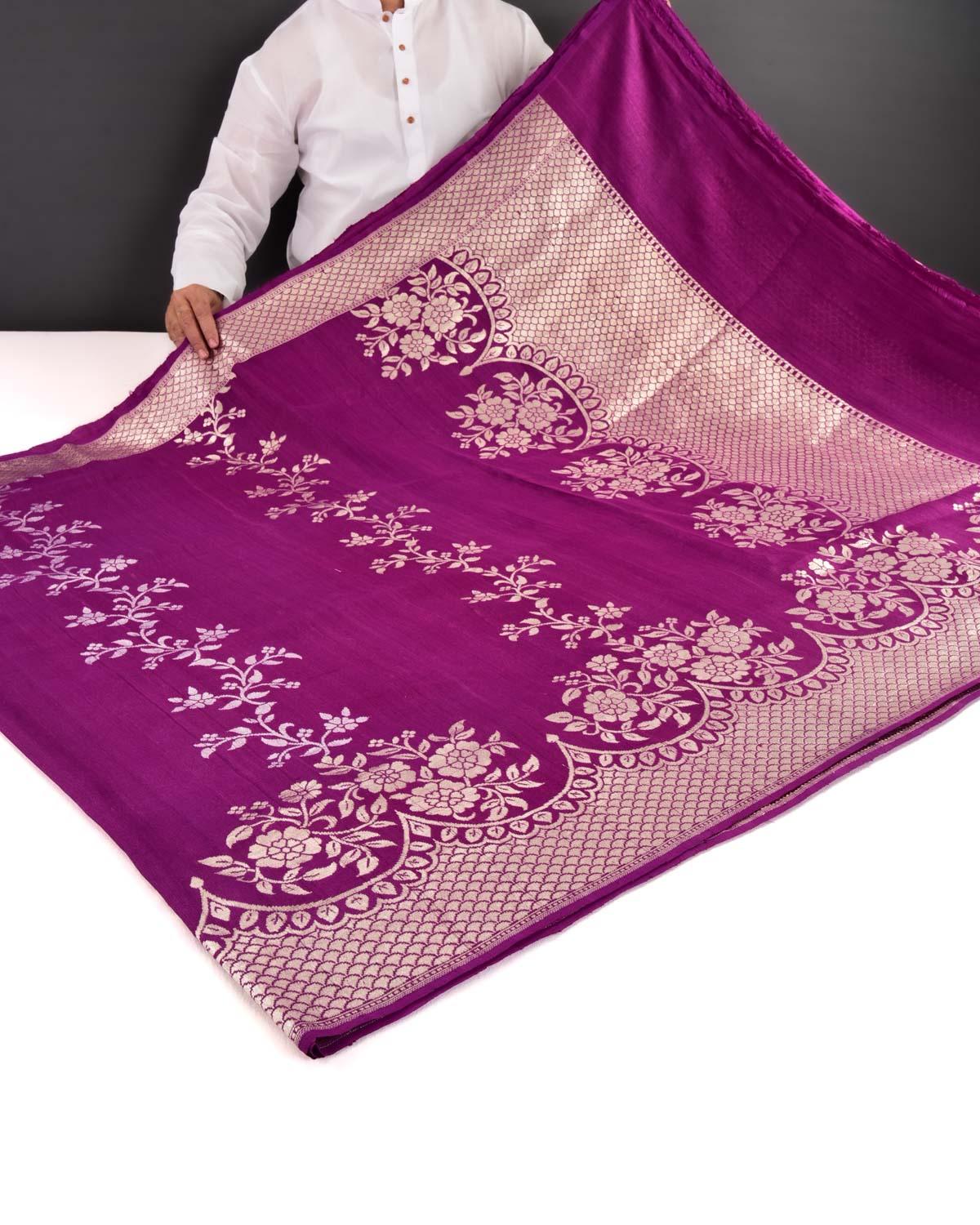 Purple Banarasi Gold & Silver Zari Bel Cutwork Brocade Handwoven Tasar Georgette Saree - By HolyWeaves, Benares