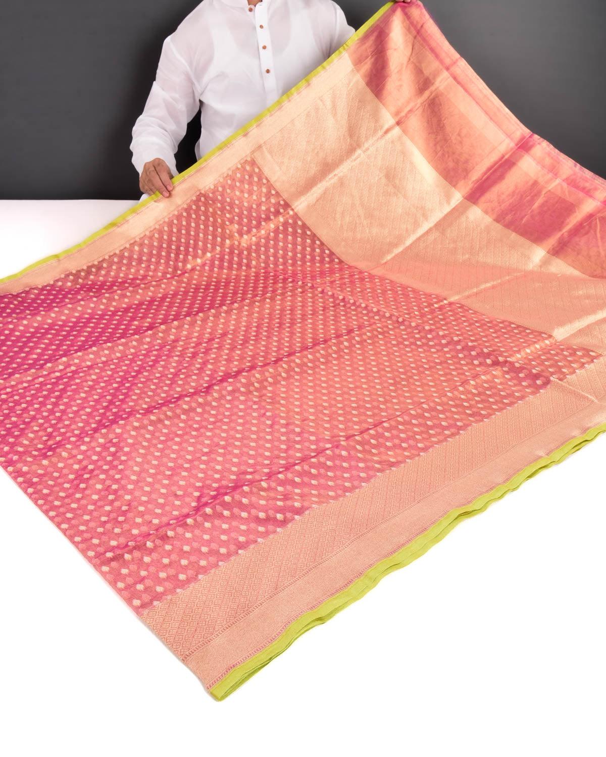 Metallic Pink Banarasi Gold Zari & White Resham Alfi Buti Cutwork Brocade Handwoven Kora Tissue Saree - By HolyWeaves, Benares