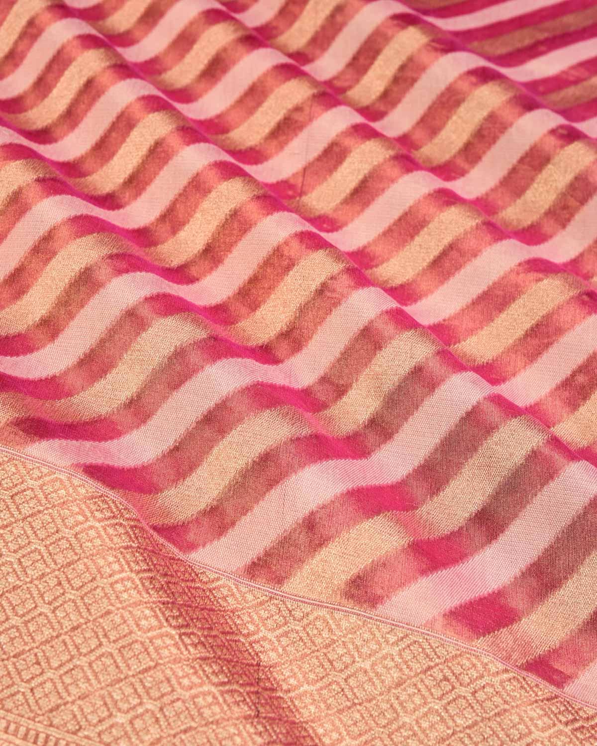 Metallic Pink Banarasi Resham & Gold Zari Diagonal Stripes Cutwork Brocade Handwoven Kora Tissue Saree - By HolyWeaves, Benares