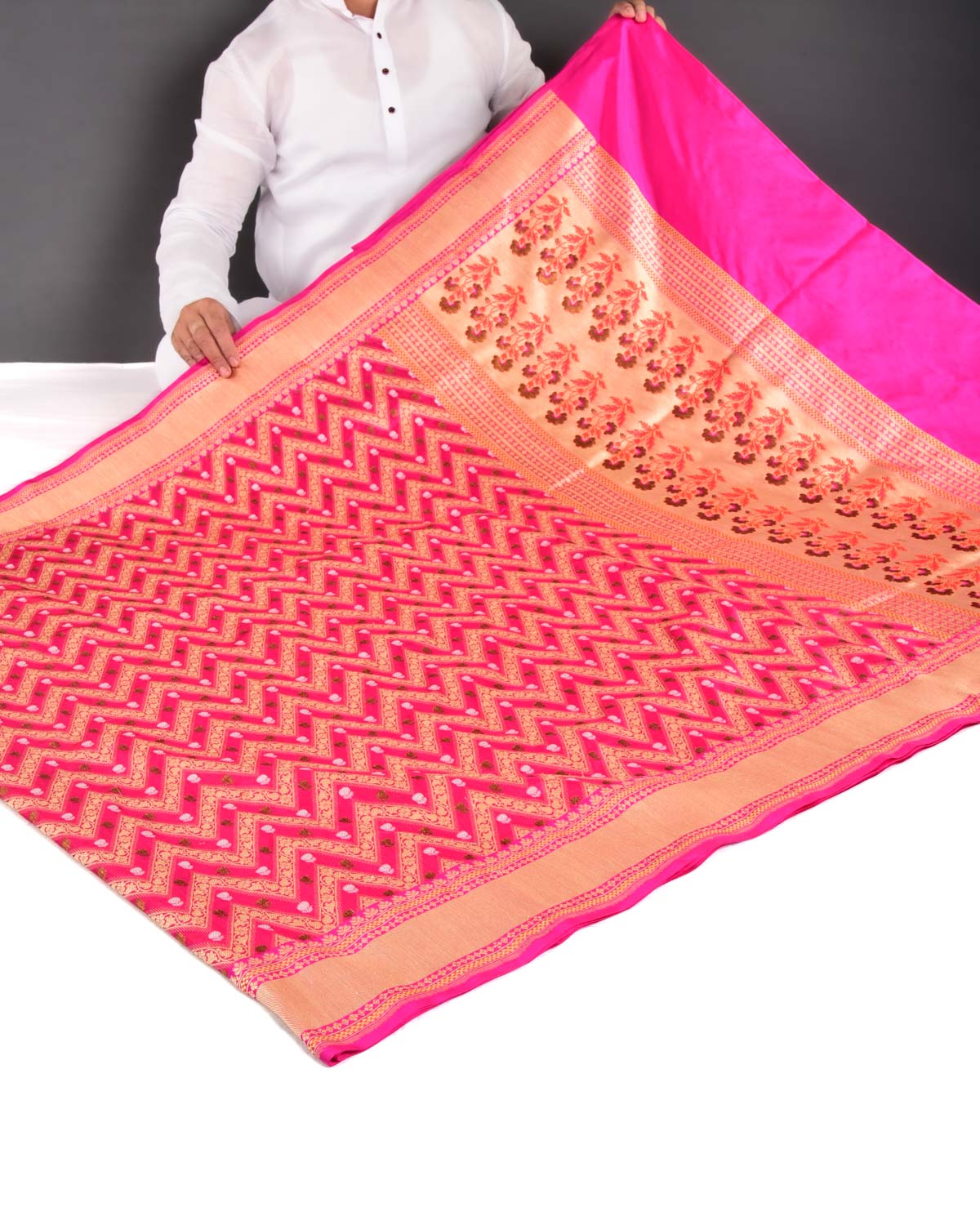 Rani Pink Banarasi Gold Antique & Silver Zari Chevron Cutwork Brocade Handwoven Katan Silk Saree - By HolyWeaves, Benares