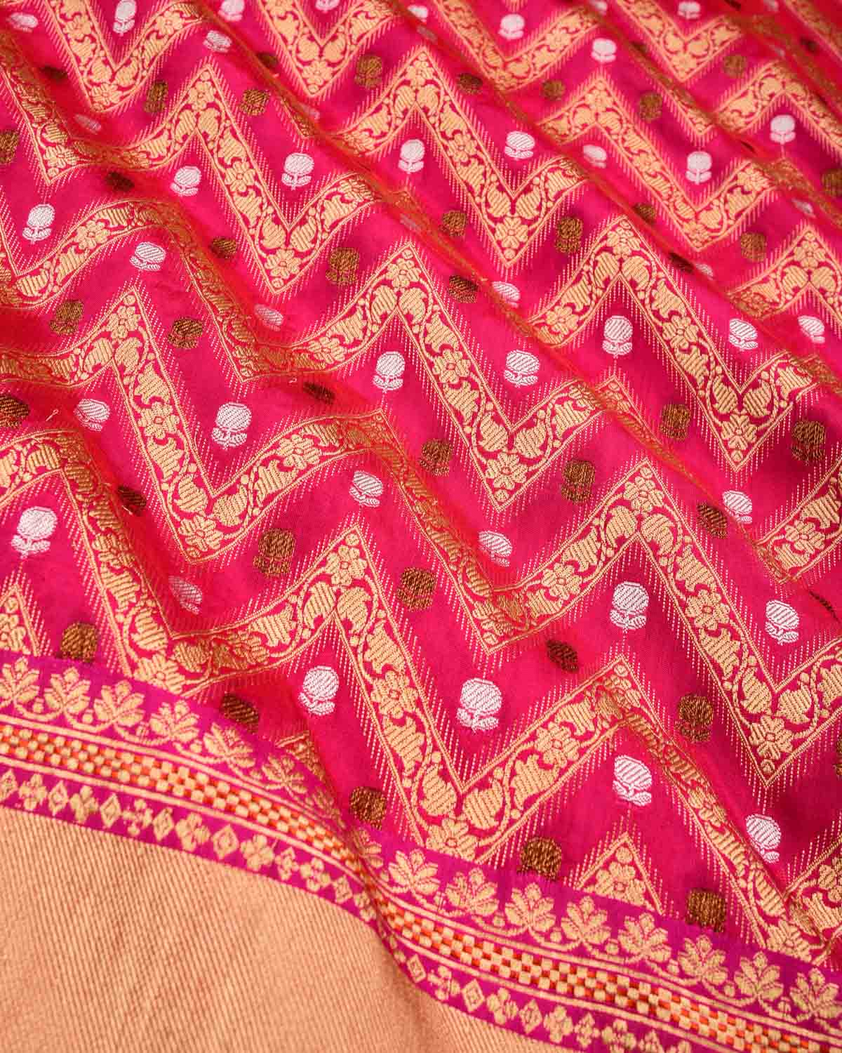 Rani Pink Banarasi Gold Antique & Silver Zari Chevron Cutwork Brocade Handwoven Katan Silk Saree - By HolyWeaves, Benares