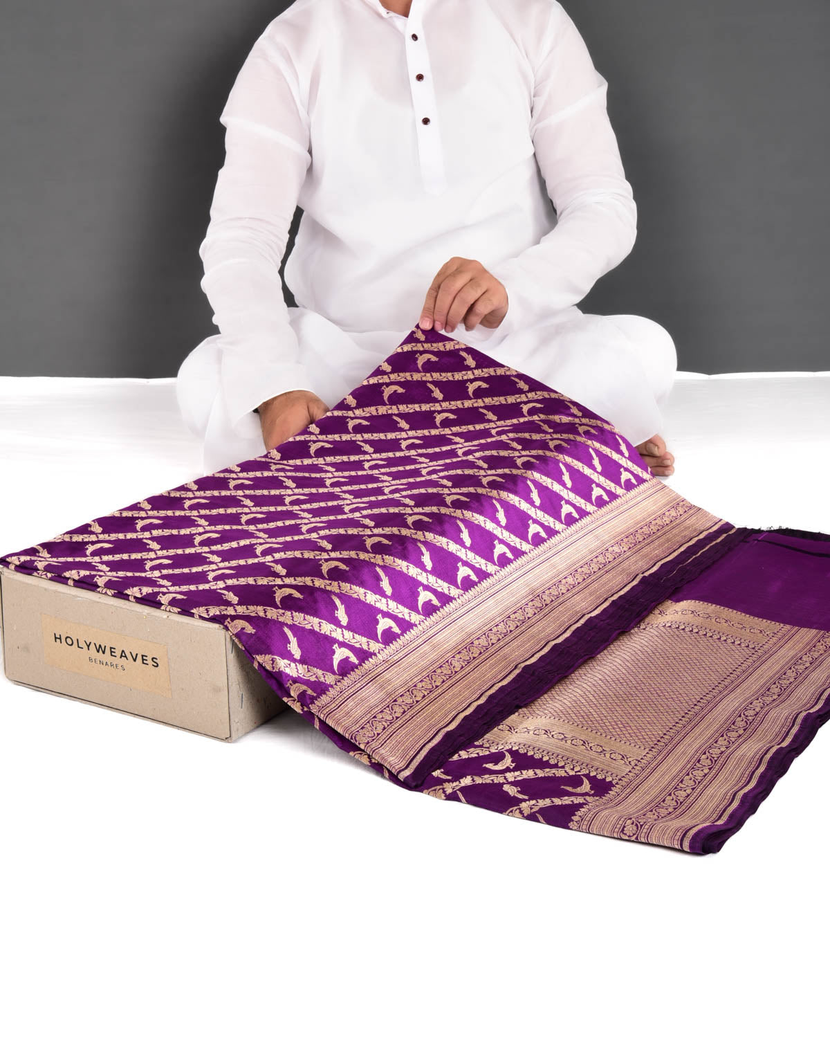 Purple Banarasi Gold Zari Parrot Buti Diagonal Cutwork Brocade Handwoven Katan Silk Saree - By HolyWeaves, Benares