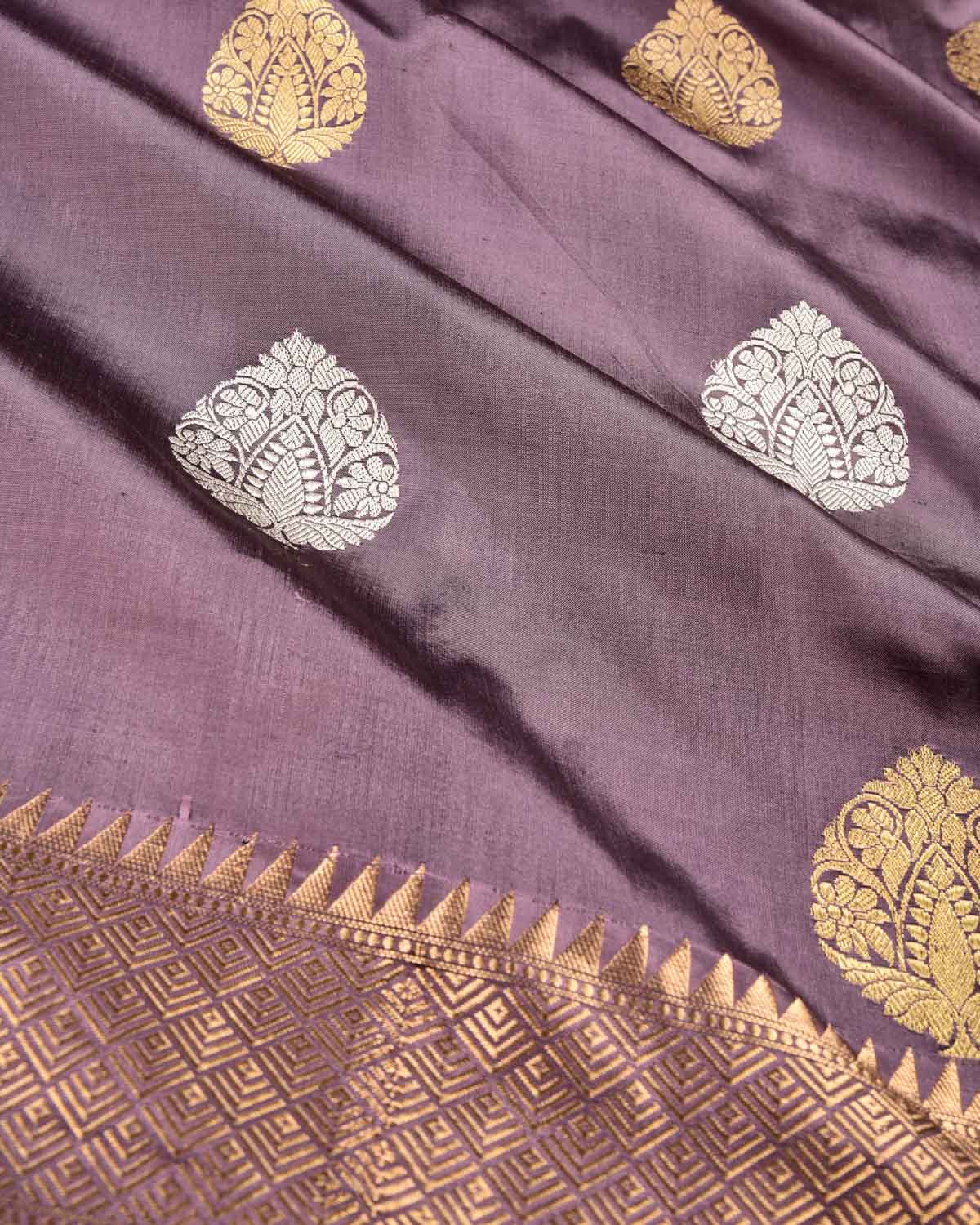 Deep Lilac Banarasi Gold & Silver Zari Buta Kadhuan Brocade Handwoven Katan Silk Saree - By HolyWeaves, Benares