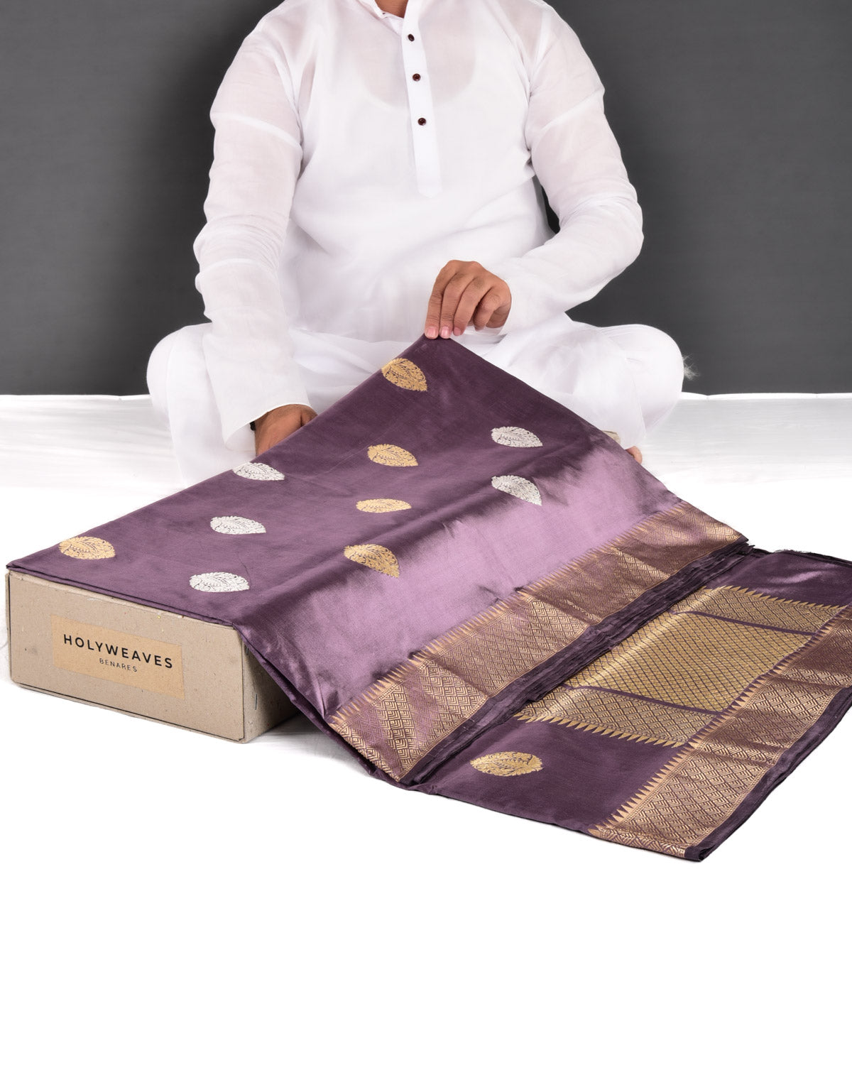 Deep Lilac Banarasi Gold & Silver Zari Buta Kadhuan Brocade Handwoven Katan Silk Saree - By HolyWeaves, Benares