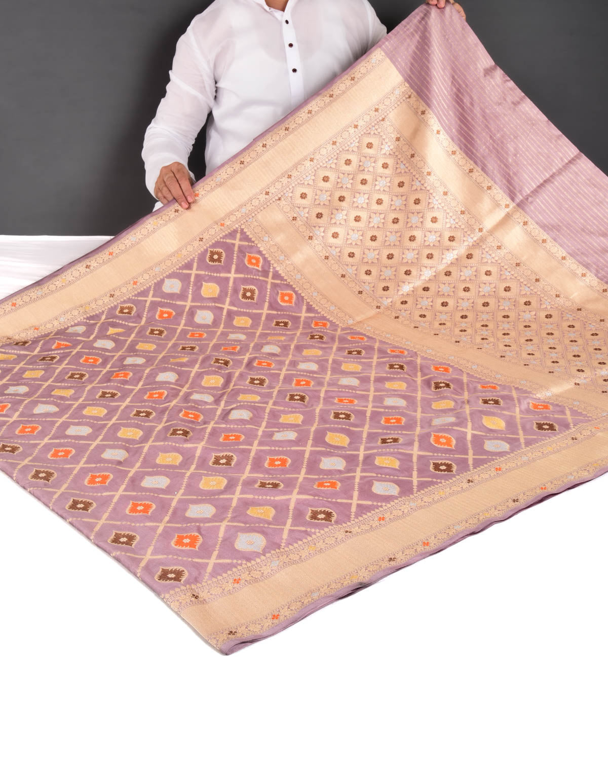 Rosy Brown Banarasi Zari & Resham Grids Meenedar Buti Cutwork Brocade Handwoven Katan Silk Saree - By HolyWeaves, Benares